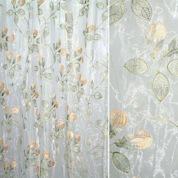 Органза тюль с вышивкой листья с бутоном вьющиеся желто-зеленый, белая, ш.275 оптом