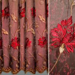 Органза тюль с вышивкой цветы бежевые и красные, бордовая, ш.280