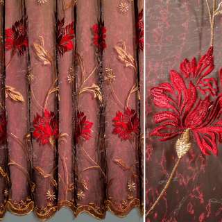 Органза тюль с вышивкой цветы бежевые и красные, бордовая, ш.280 оптом