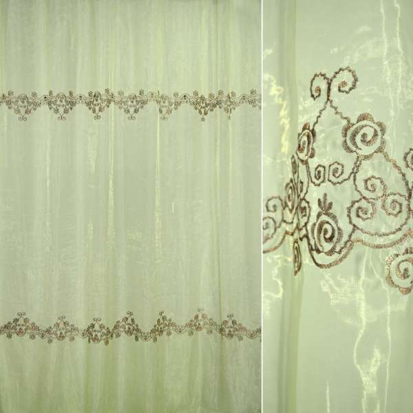 Органза тюль з вишивкою квітковий орнамент бронзовий, салатова ш. 270 оптом