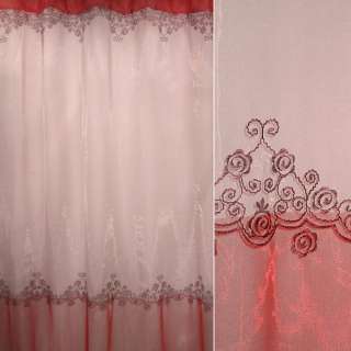 Органза тюль с вышивкой цветочный орнамент красно-розовый, переход вишневая, ш.270 оптом