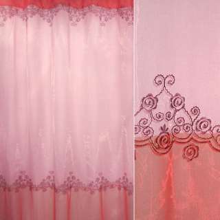 Органза тюль з вишивкою квітковий орнамент фіолетовою, перехід рожевий яскравий, рожево-сіра, ш.280 оптом