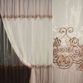 Органза тюль с вышивкой цветочный орнамент бронзовый, переход коричнево-бежевая, ш.275 оптом