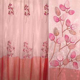 Органза тюль с вышивкой листья розово-малиновыми, переход красная темная с розовым, ш.270 оптом