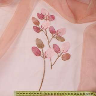 Органза тюль з вишивкою листя рожево-малинові, перехід червоно-рожева, ш.275 оптом