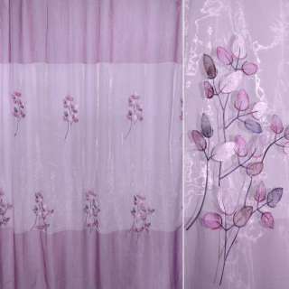 Органза тюль с вышивкой листья фиолетовые, переход фиолетово-сиреневая, ш.280 оптом