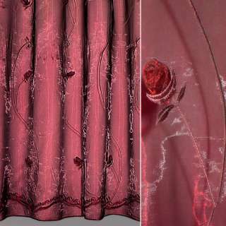 Органза тюль вышивка с нашитыми розами бордовыми, бордовая, ш.280 оптом