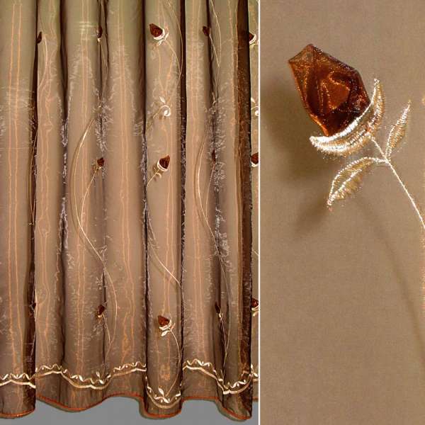 Органза тюль вышивка с нашитыми розами коричневыми, коричневая, ш.270 оптом