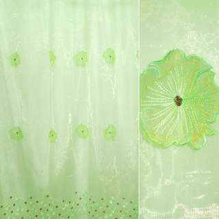 Органза тюль с нашитыми цветами крупными зелеными, зеленая, ш.275 оптом
