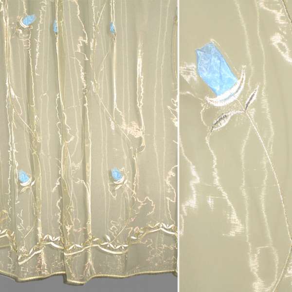 Органза тюль вишивка з нашитими трояндами блакитними, бежева темна, ш.280 оптом