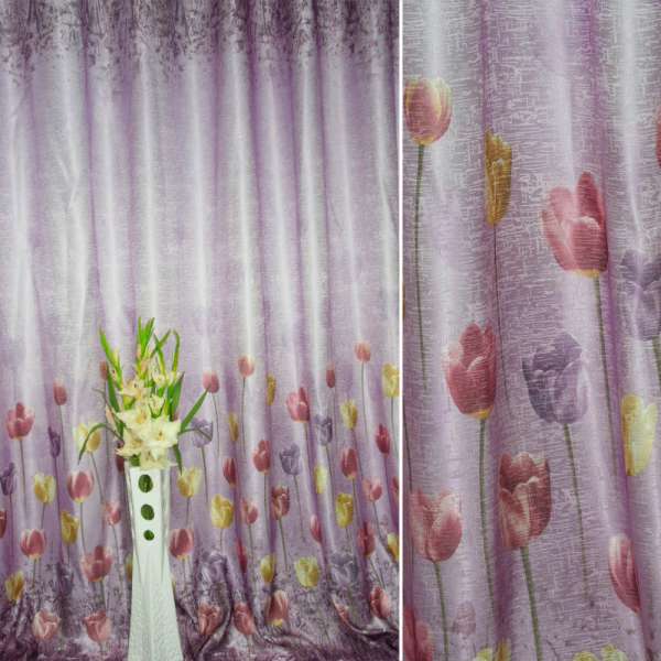 Атлас жаккард для штор принт тюльпаны разноцветные на фиолетовом фоне, ш.280 оптом