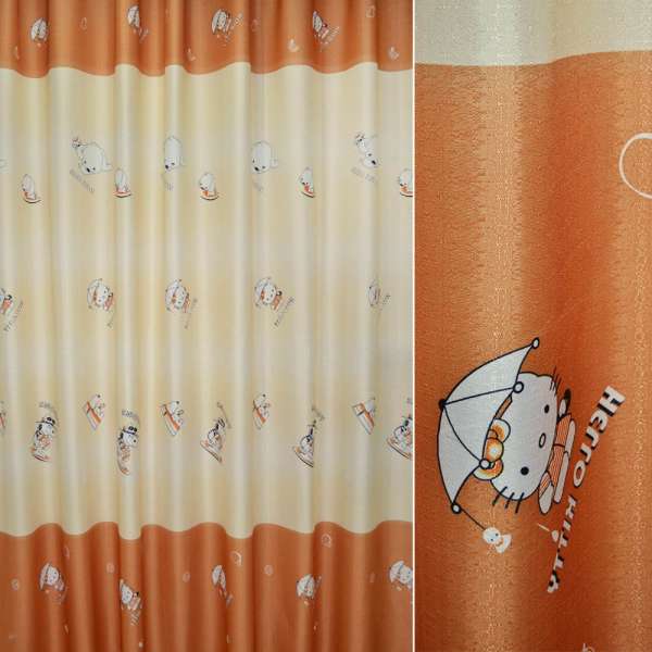 Креп для штор Hello Kitty на желтом фоне с оранжевой каймой, ш.280 оптом