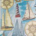 Лен рогожка блэкаут для штор корабли и маяки на голубом фоне, ш.280 оптом