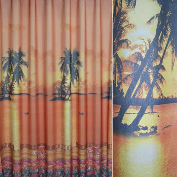Атлас принт для декораций пальмы, закат, тюльпаны терракотовый,  ш.275 оптом
