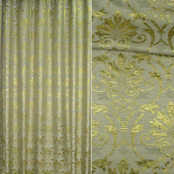 Фукра с метанитью для штор орнамент пальметта золотистый на зеленом фоне, ш.280 оптом