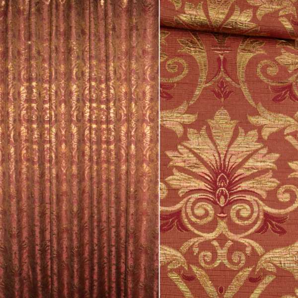 Фукра з метаниткою для штор орнамент пальметта золотистий на червоному тлі, ш.280 оптом