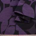 Жакард лляний для штор листя великі фіолетові на чорному тлі, ш.144 оптом