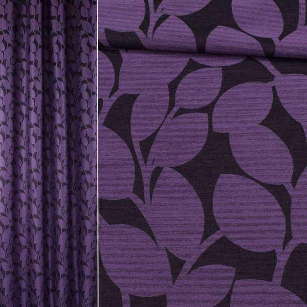 Жакард лляний для штор листя великі фіолетові на чорному тлі, ш.144 оптом
