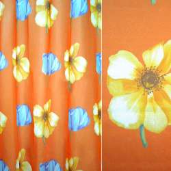 Вуаль тюль шифон принт маки желтые, голубые на оранжевом фоне, ш.150