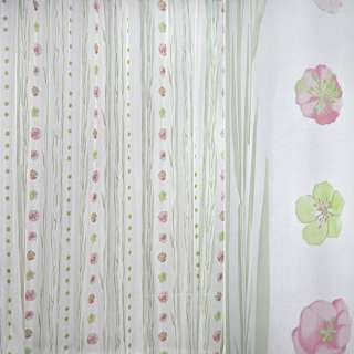 Вуаль тюль шифон принт цветы акварельные розовые, листья высокие, белая ш.280 оптом