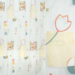 Органза деворе тюль квадрати мозаїка, тюльпани різнокольорові, біла, ш.295 оптом