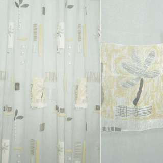 Органза деворе тюль абстракция цветок, веточка, серо-желтая, белая, ш.290 оптом