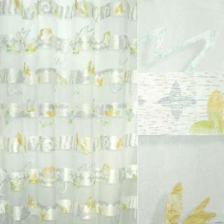 Органза деворе тюль абстракція сіро-жовта смужка з квітами і листям, біла, ш.285 оптом