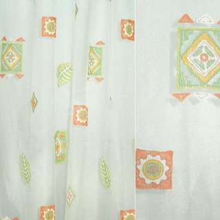 Органза деворе тюль квадрати з візерунком, листям оранжево-зелені, біла, ш.290 оптом
