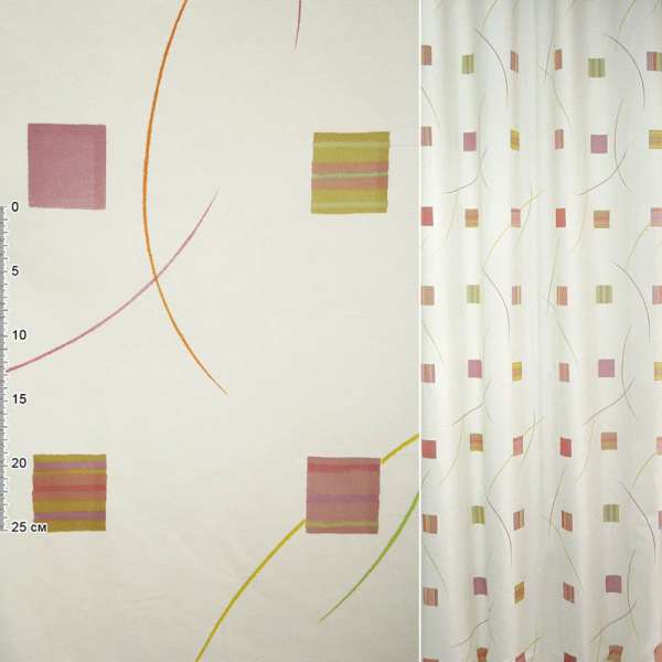 Деворе для штор квадраты розово-желтые, полосы разноцветные на молочном фоне, ш.140 оптом