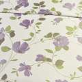 Атлас жаккард для штор веточки с цветами фиолетовыми на белом фоне, ш.150 оптом