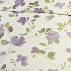 Атлас жаккард для штор веточки с цветами фиолетовыми на белом фоне, ш.150