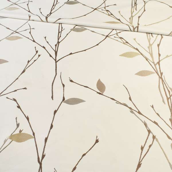 Атлас жакард для штор гілочки листя коричнево-бежеві на білому тлі, ш.154 оптом