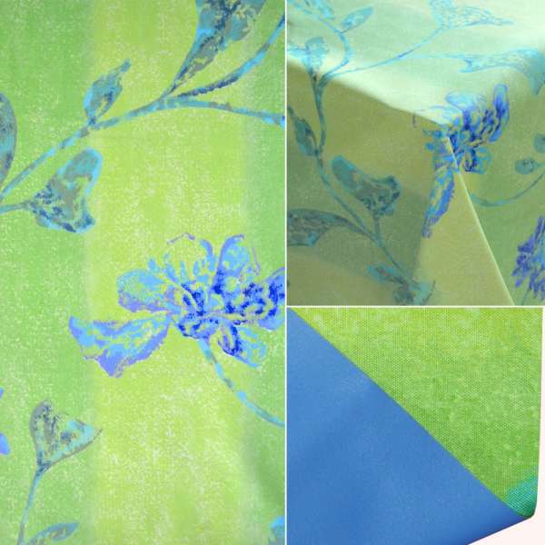 Тканина ПВХ квіти синьо-блакитні на салатовий фоні, ш.140 оптом