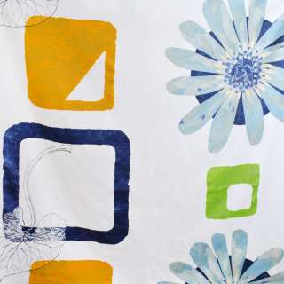 Сатин для штор квіти великі блакитні, квадрати кольорові на білому тлі, ш.140 оптом