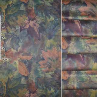 Бавовна штор листя зелені, фіолетові, теракотові на зеленому тлі, ш.140 оптом
