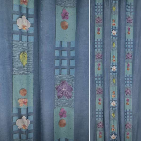 Поликоттон для штор полосы бирюзовые, орхидеии на голубом фоне, ш.140 оптом