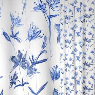 Сатин для штор цветы синие на белом фоне, ш.135 оптом
