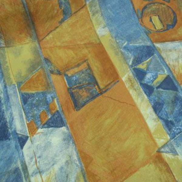 Сатин для штор абстракция сине-оранжевый, ш.140 оптом