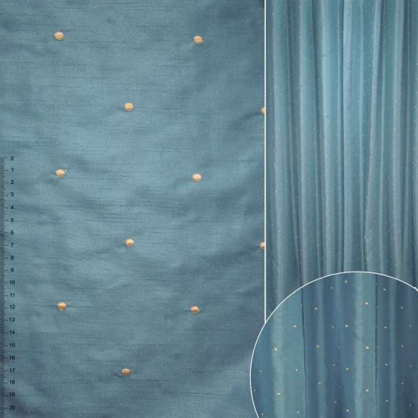 Тафта для штор вышивка точки бежевые на синем фоне, ш.320 оптом