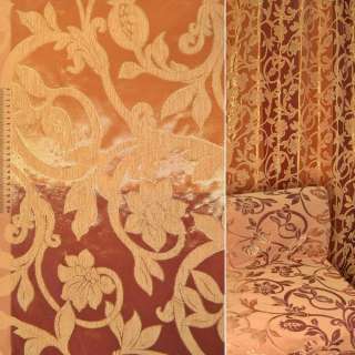 Шенилл фукра мебельный вензель цветы оранжевые на терракотовом фоне, ш.140 оптом