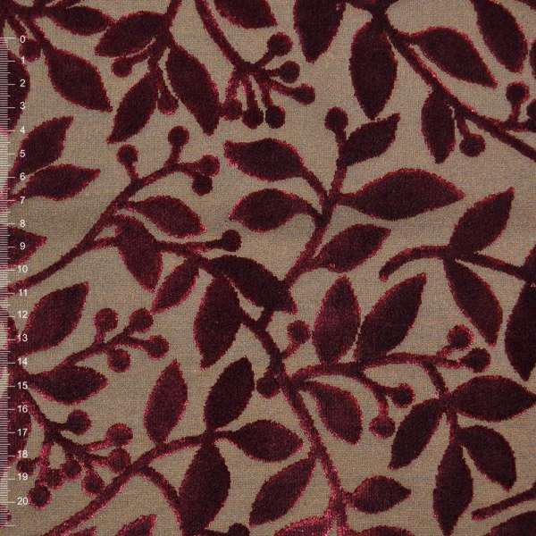 Велюр жаккард мебельный листья бордовые на коричневом фоне, ш.140 оптом