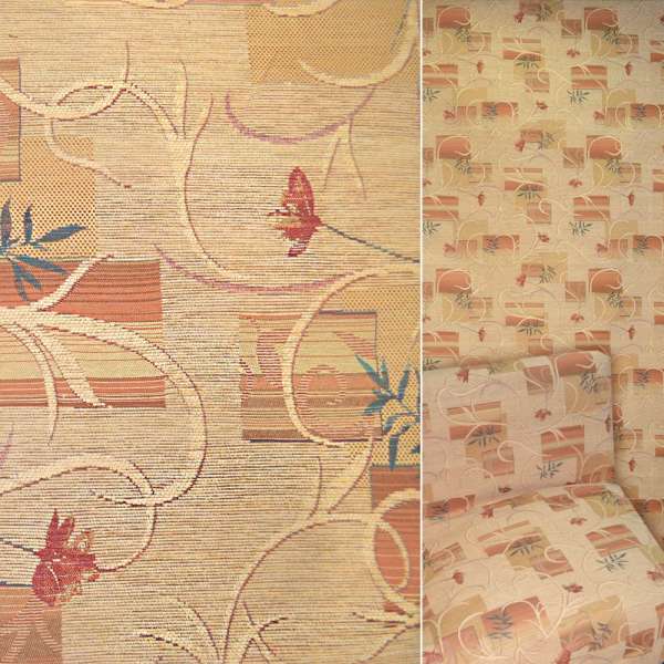 Шенилл жаккард мебельный цветы красные, квадраты на персиковом светлом фоне, ш.140 оптом