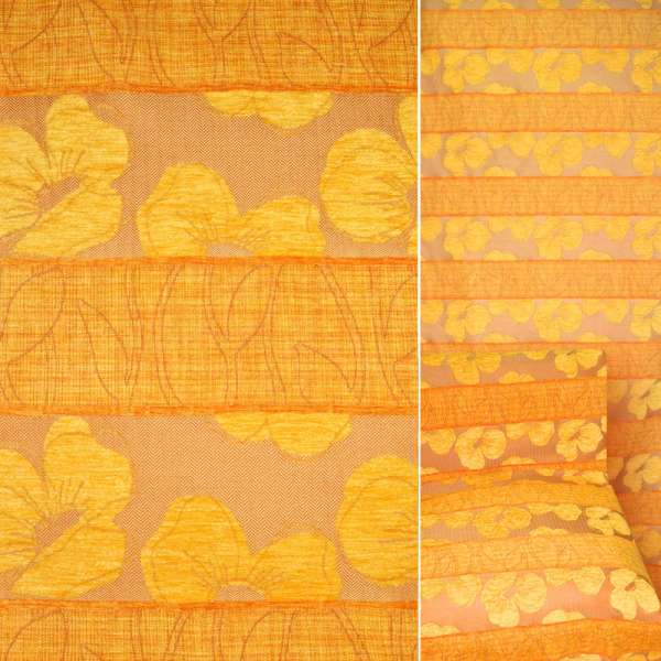 Шенилл жаккард мебельный цветы желтые, полосы оранжевые на бежевом фоне в елочку, ш.140 оптом
