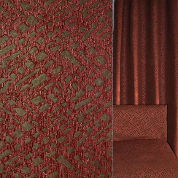 Шенилл жаккард мебельный абстракция терракотовая на коричневом фоне, ш.145 оптом