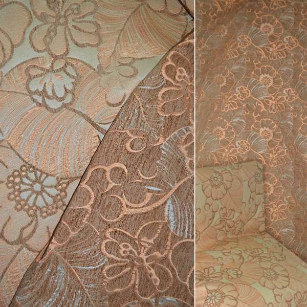 Шенилл фукра мебельный цветы бежево-оранжевый с коричневым, ш.140 оптом