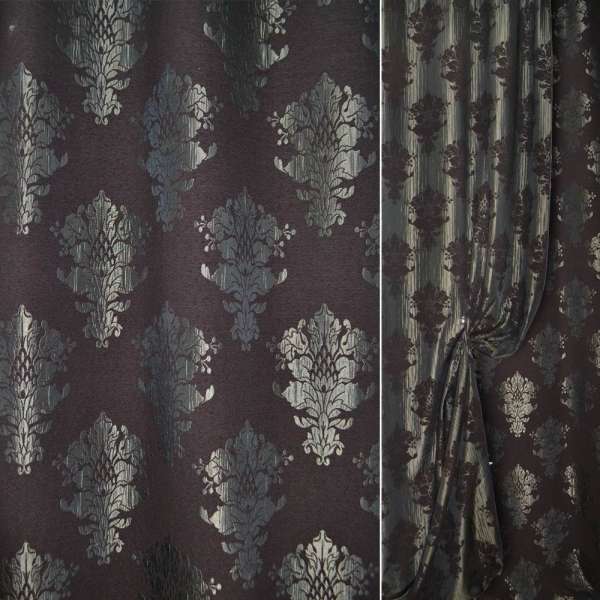 Шенилл фукра мебельный вензеля серые на коричневом фоне, ш.140 оптом