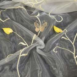 Органза тюль вишивка метелики з нашиті троянди жовті, молочний ш.270
