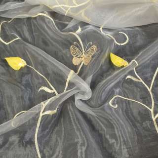 Органза тюль вышивка бабочки с нашитые розы желтые, молочный ш.270 оптом