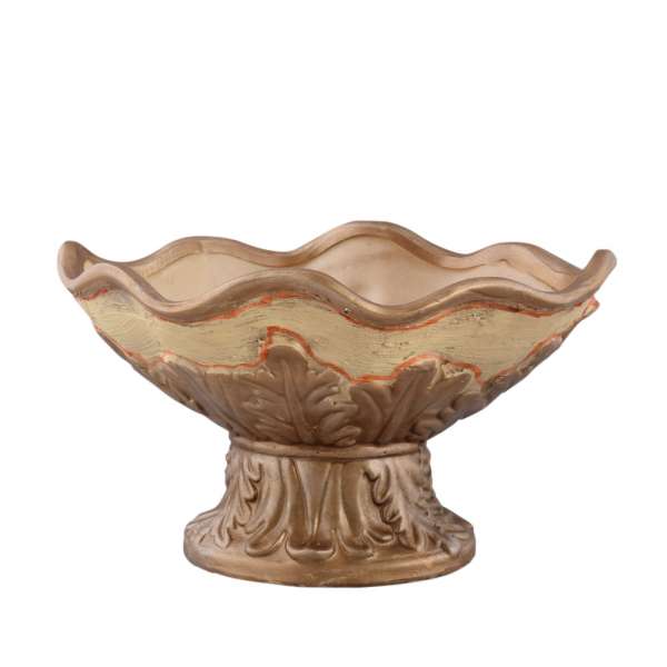 Кашпо в античном стиле керамика чаша с листьями 17х30х21см вн. 16х27х18см бежево-золотистое оптом