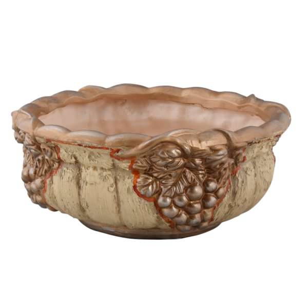 Кашпо в античном стиле керамика чаша с виноградом 13х30х30см вн. 11,5х24х24см бежево-золотистое оптом